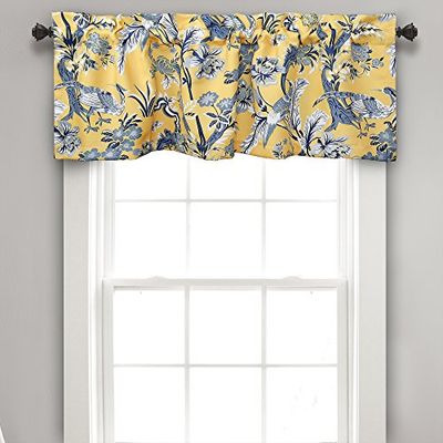 Lush Decor Dolores Rideau de fenêtre filtrant la lumière, 132,1 cm de Large x 45,7 cm de Long, Jaune – Rideaux en Toile – Cantonnière Bleu Vif et Jaune – Imprimé Oiseaux et Fleurs – Cottage,