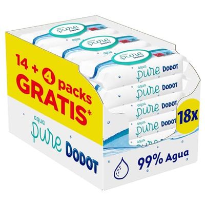 Dodot Aqua Pure Lingettes pour bébé, 99 % d'eau, 864 lingettes, 18 paquets (18 x 48)