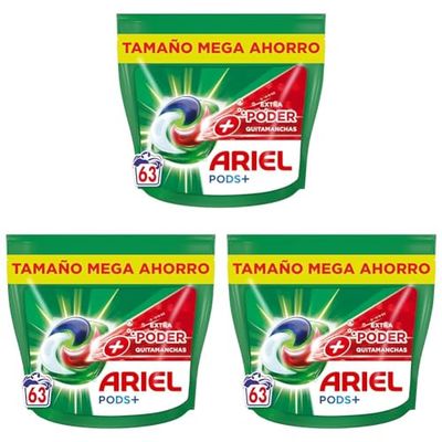 Ariel All-in-One Detergente Lavadora Liquido en Capsulas/Pastillas, 63 Lavados, Jabon Limpieza Profunda, Mas Poder Extra Quitamanchas (Paquete de 3)