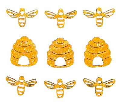 Rayher 46590166 Set of 6 Bee and 3 Beehive Wood Shapes for Craft, Card Making and Scrapbooking, Natural Wood with Yellow Glitter, 3 cm