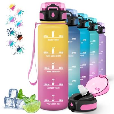 Borraccia, Borraccia 1 Litro, Borraccia Palestra Senza Perdite, Bottiglia con Cannuccia per Adulti, Facile da Trasportare, Borraccia con Orari per Bere, per Ciclismo, Yoga, Trekking, Giallo-Rosa