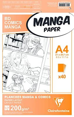 Clairefontaine - Ref 94044C - Manga Multi-Technique Paper (40 Sheets) - A4 (297 x 210mm) Size, 200gsm Paper, White & Smooth, Ideal for Markers, Bleedproof
