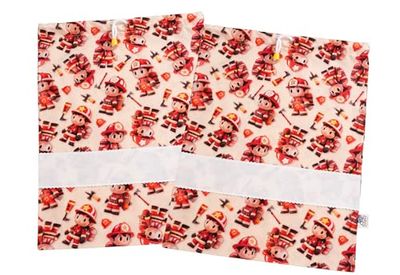 Filet - Set van 2 kinderdagzakken van katoen met brandweerprint op beige grond; gebruik van Aida-stof om te borduren; Made in Italy; 42 x 34 cm; ideaal voor luiers, schoenen, sport, Beige, S