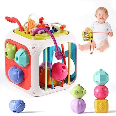 Oderra 7-in-1 activiteitenkubus, vorm-organizer voor baby's, Montessori-spelletjes, educatief speelgoed met 6 kleine ballen