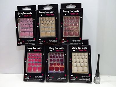 TOE NAILS X 6 PACKS LOT ~ 6 DIFFERENT SHADES ~ + FREE GLITTER EYELINER SPECIAL OFFER SALE NOW ON ~ FURTHER REDUCTION BARGAIN LOT OF 6 PACKS OF TOE NAILS ~ 24 NAILS X 6 PACKS ~ JUST PRESS & GO ~ NO GLUE REQUIRED ~