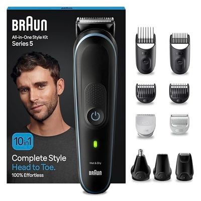 Braun REGOLABARBA UOMO, Tagliacapelli Uomo, Rasoio Elettrico Barba e Capelli, 10-In-1 Styling Kit per Barba, Capelli, Corpo, Naso e Orecchie, 100 Minuti Di Utilizzo Senza Fili, Idea Regalo, MGK5445