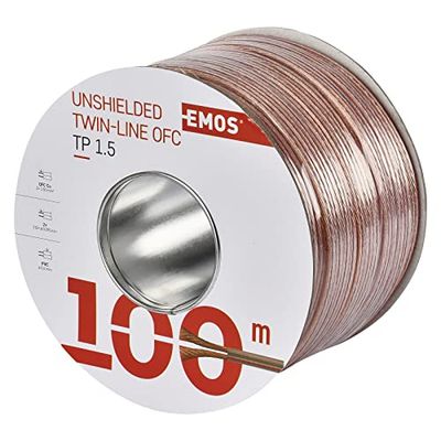 EMOS 2 x 2,5 mm² OFC-luidsprekerkabel 100 m zuiver koper voor luidsprekers en surround-systemen transparant met polariteitsmarkering