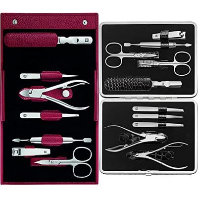 ZWILLING Classic INOX - Set de manicura y pedicura (7 piezas, piel, estuche de viaje), color rojo & CLASSIC INOX Kroko Rahmen-Etui, schwarz, 10-tlg.