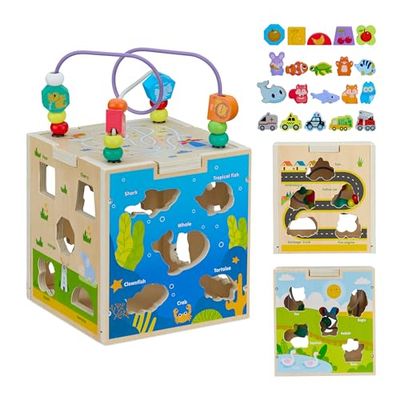 Relaxdays Cubo de Actividades, Juguete de Madera, Diseño B, Puzzle Niños 3 años, Laberinto de Bolitas, Multicolor, 26 x 16,5 x 16,5 cm