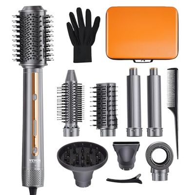 VEVOR Brosse Sèche-cheveux 7 en 1 Styler Multifonction Professionnel Ionique Air Chaud 110000 tr/min avec 2 Bigoudis à Enroulement Automatique, 3 Brosses, 3 Buses, pour Séchage, Coiffage Volumisant