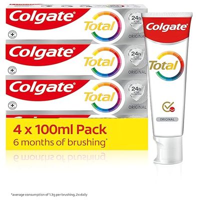 Colgate Total Original Toothpaste 4x100ml - Stronger 24-hour bacterial defence* - Unique dual zinc antibacterial technology - 8 benefits for complete protection - Fresh breath - 6 months of brushing**