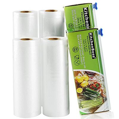 KitchenBoss Sacchetti Sottovuoto per Alimenti,4 Rotoli 15x500cm e 20x500cm Totale 20M, (Non più forbici) Rotoli Sacchetti goffrati,per Conservazione Alimenti e Cottura Sous Vide