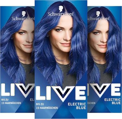 Schwarzkopf LIVE Ultra Brights halvpermanent hårfärg 095 elektrisk blå (3 x 142,5 ml), färgning för intensiva eller pastelliga färgresultat, håller 12-15 hårunderkläder, med vårdande balsam
