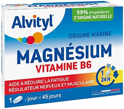 Alvityl Magnésium 300mg + Vitamine B6 - Origine marine - Aide à réduire la fatigue, le stress, l'irritabilité - Dès 12 ans - Comprimés 45 jours