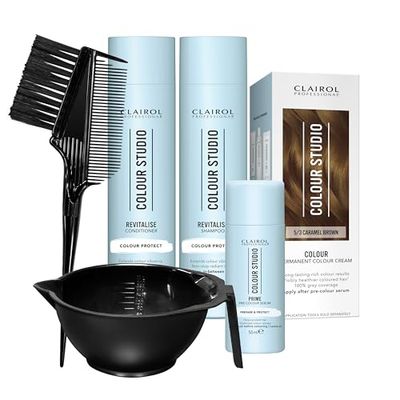 Clairol Professional Colour Studio Permanent Colour Cream Hair Dye | Long-lasting Rich Tones | 100% Grey Coverage | Hair Colouring Kit | 3-step Routine with Accessories | 5/3 Caramel Brown