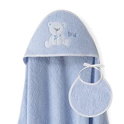 Interbaby - Capa de Baño Bebe Azul + Babero | Toalla Bebe con Capucha 100% Algodón, 100x100cm, Unisex | Suave, Cómoda, Ideal Recién Nacidos, Bebes y Niños Pequeños | Diseño Oso Lazo