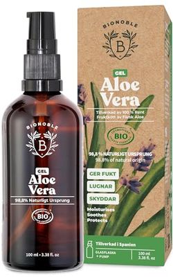 EKOLOGISKT ALOE VERA GEL | Tillverkat med 100% Rent Fruktkött av Färsk Aloe och innehåller även Ekologisk Eterisk Lavendelolja | Ansikte, Ögonkontur, Kropp, Hår | Glasflaska + Pump (100ml)