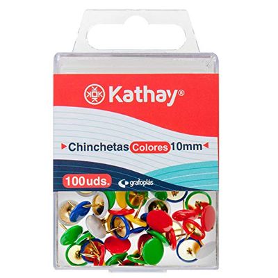 Kathay 86400699. Caja de 60 Chinchetas Plastificadas, Colores Surtidos, 10mm