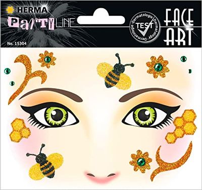 HERMA 15304 Face Art Sticker Bijen bloemen, dermatologisch getest, verwijderbare glitter-gezichtsstickers, tijdelijke tatoeages voor carnaval, Halloween, festival, kinderverjaardag, geel oranje