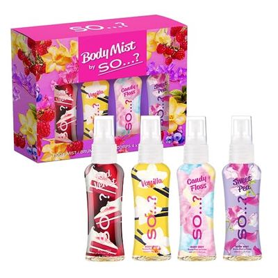 SO? Body Mist By So? Womens Mini Mist Body Mist Gift Set, with Red Velvet, Vanilla, Candy Floss & Sweet Pea, Fragrance Spray Set (4x50ml)
