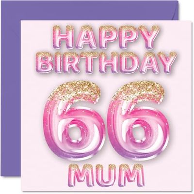 Stuff4 Biglietto di auguri per il 66° compleanno della mamma, con palloncini glitterati rosa e viola, biglietti di auguri per 66 anni, mamma da figlio, 145 mm