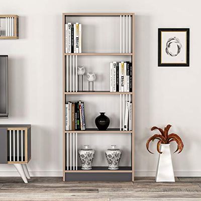 HOMEMANIA Libreria Nicol Scaffale, Mobile da Parete - con Ripiani - da Salotto, Ufficio - Antracite, Noce in Legno, 64 x 22 x 150 cm