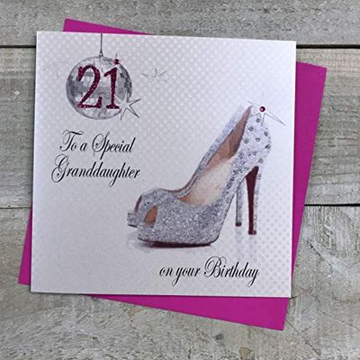 Witte katoenen kaarten 21 tot een speciale kleindochter handgemaakte 21e verjaardagskaart (Sparkly Shoe)
