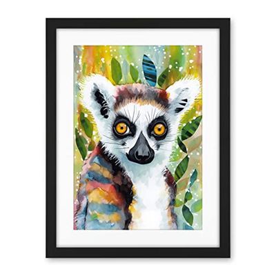 Artery8 Lemur Portrait Folk Art Watercolour Painting Artwork Framed Wall Art Print 18X24 Inch