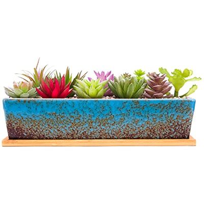 ARTKETTY 30 cm keramiska krukor för suckulenter, moderna långa rektangulära blommor växtbehållare med bricka, grund kaktus bonsai fönsterlåda med dränering för inomhus/utomhus heminredning (blå)