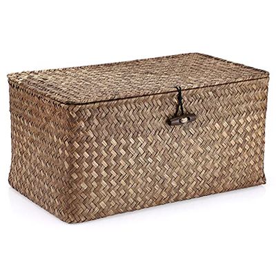 Hipiwe Paniers d'étagère en osier avec couvercle, panier en jonc de mer tissé à la main, paniers de rangement rectangulaires pour étagère, armoire, organiseur de maison, café, taille M