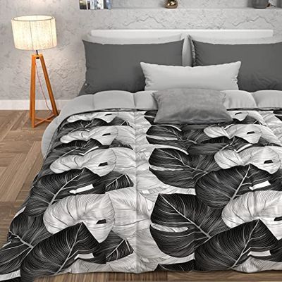 PETTI Artigiani Italiani - Quilt, Vinterdunjacka, Vinterduk, Dubbeltäcke med dubbla ansikten Enfärgad och digital tropisk svart utskrift, 100% Allergivänlig mikrofiber, Tillverkad i Italien