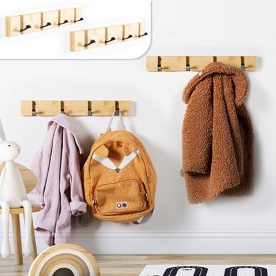 Gadgy Garderobehaken, set van 2 met inklapbare kledinghaken, voor aan de muur, bamboe, met 4 opvouwbare haken, inklapbaar, houten wandgarderobe
