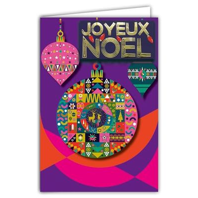 Kaart Vrolijk Kerstfeest collage in reliëf van glanzende tekst met envelop 12 x 17,5 cm kleurrijke ballen versierd dennenboom herten rendieren sterren harten hulst geometrische illustratie beste