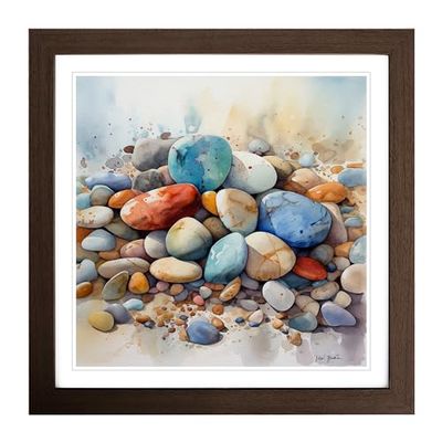 Pebbles Watercolour Framed Wall Art Print, Ready to Hang Picture for Living Room Bedroom Home Office, Walnut 18 x 18 Inch (45 x 45 cm)