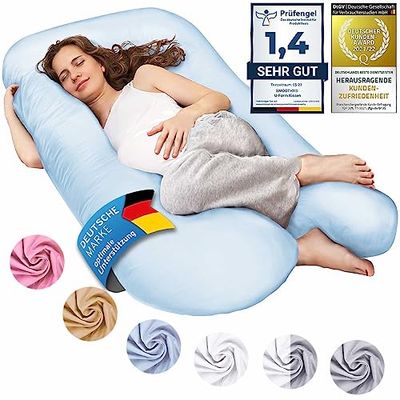 Zwangerschapskussen, zijslaper kussen, positionering kussen, baby kussen & borstvoeding kussen in U-vorm met afneembare en wasbare hoes gemaakt van katoen; (Classic XXL, 150 x 80 cm, Lichtblauw)