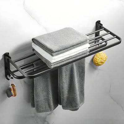 ASelected Porte-Serviettes de Salle de Bain avec Double Barre Porte-Serviettes, Porte-Serviettes Noir, Auto-adhésif, Support Mural avec Crochets en Acier Inoxydable pour Salle de Bain, Cuisine, hôtel