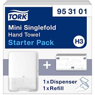 Tork Pack de démarrage pour mini distributeur murale d'essuie-mains pliés en V blanc H3, économique, distributeur et 1 consommable, 953101