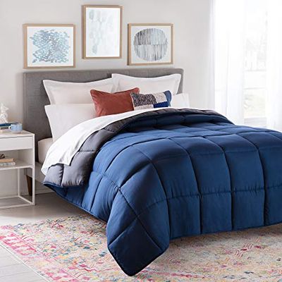 Linenspa All-Season Reversible Down Alternative Quilted Comforter - Hypoallergenic - Plush Microfiber Fill - Machine Washable - Duvet Insert or Stand-Alone Comforter - Navy/Graphite - Twin