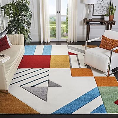 Safavieh Tapis Graphique Moderne pour Salon, Salle à Manger, Chambre à Coucher - Collection Hollywood - Poils Courts - Ivoire et Bleu Paon - 79 x 152 cm