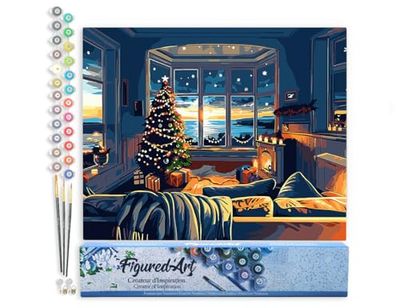Figured'Art Pintar por Numeros Adultos Habitación navideña en la bahía - Manualidades pintura acrilica Kit Cuadro DIY completo - 40x50cm sin bastidor