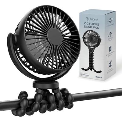 CUQOO Octopus Baby Pram Fan – 1200mAh Battery - USB Rechargeable Portable Fan for Pram with Flexible Tripod, 3 Speed Settings - Quiet for Car Seat, Crib, Office Chair & Travel Essentials – Black
