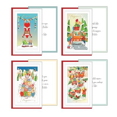 Juego de tarjetas de felicitación de Navidad, 12 tarjetas en 4 temas navideños, formato 12 x 18 cm, con decoraciones de oro y relieve, hechas de cartón de alta calidad, fabricado en Italia