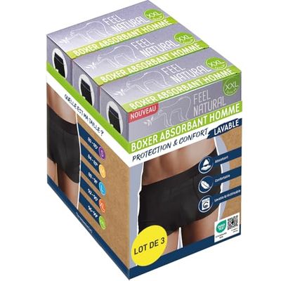 Feel Natural Pack 3 Boxer Anti Fuite Homme Protection et Confort Lavable - Taille XXL - Protection Urinaire Homme - Boxer Absorbant Confortable et Discret - Conçu pour Les Fuites Urinaires Adultes