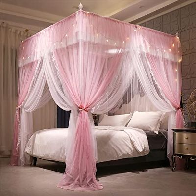 VETHIN 4 hörn stolpe volang prinsessa säng baldakin gardin – dubbla lager mysigt draperingsnät 4 öppningar myggnät för flickor vuxna sovrumsdekoration (rosa/whtie, 150 cm B x 208 cm L x 208 cm x H