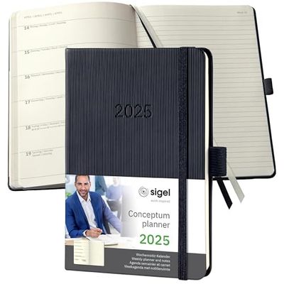 SIGEL C2515 Conceptum Weekly Planner and Notes 2025, Approx. A6, Black, hardcover, 2 Pages = Week on Left/Notes on Right, 176 Pages