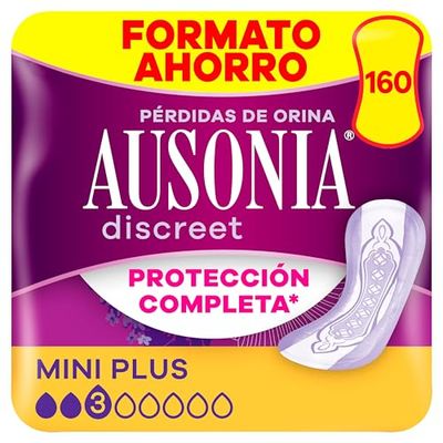Ausonia Discreet Compresas Mini Plus, Pack de 160, Para Pérdidas De Orina Para Mujer, Protección Completa*, Discreción Increíble