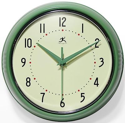 Infinity Instruments LTD. Retro 12 inch Silent Sweep Non-Ticking Mid Century Modern Kitchen Diner Wall Clock Quartz Movement Retro Wall Clock Decorative (Green)