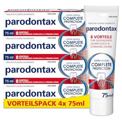 Parodontax Dentifricio protettivo completo con fluoro, 4 x 75 ml, aiuta a ridurre e prevenire il sanguinamento delle gengive