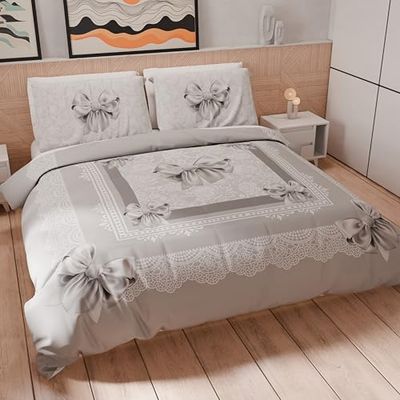 PETTI ARTIGIANI ITALIANI - Funda Nórdica 1 Plaza 160x200 cm (1 Funda de Almohada 50x80 cm incluida), Juego de Cama de Microfibra Estampado Lazo Gris - Fabricado en Italia