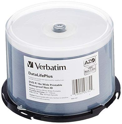 Verbatim DVD-R 16 x Wide Printable Waterproof sem ID Brand, eixo, inclui 50 DVDs